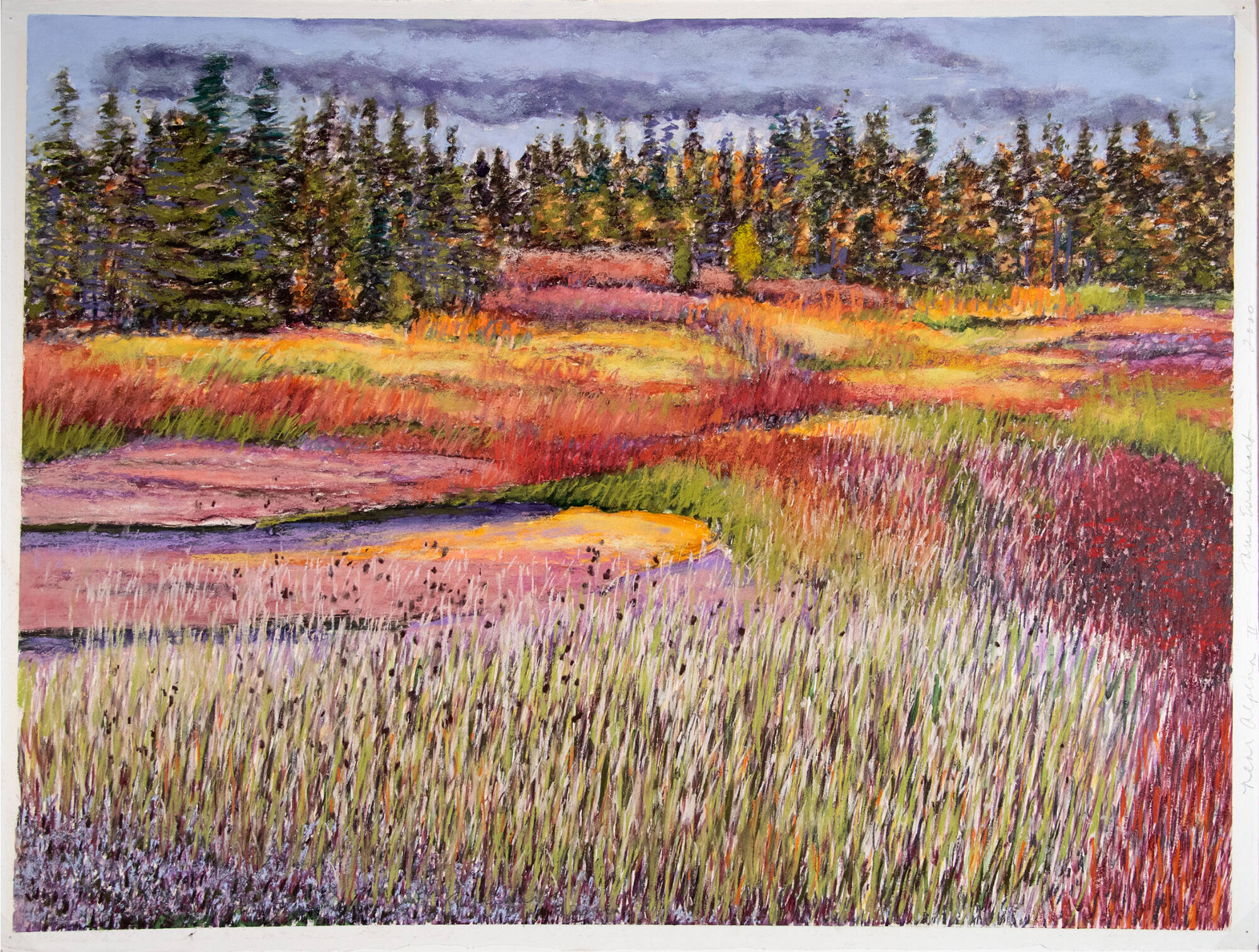 Pastel drawing of a colorful floral field with trees in the background.